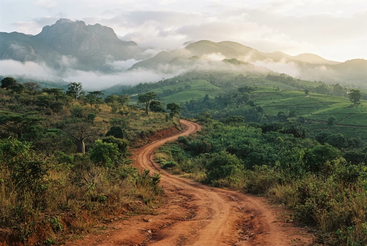 A sweeping, cinematic wide-angle photograph of the Zomba Plateau in Malawi during the golden hour.