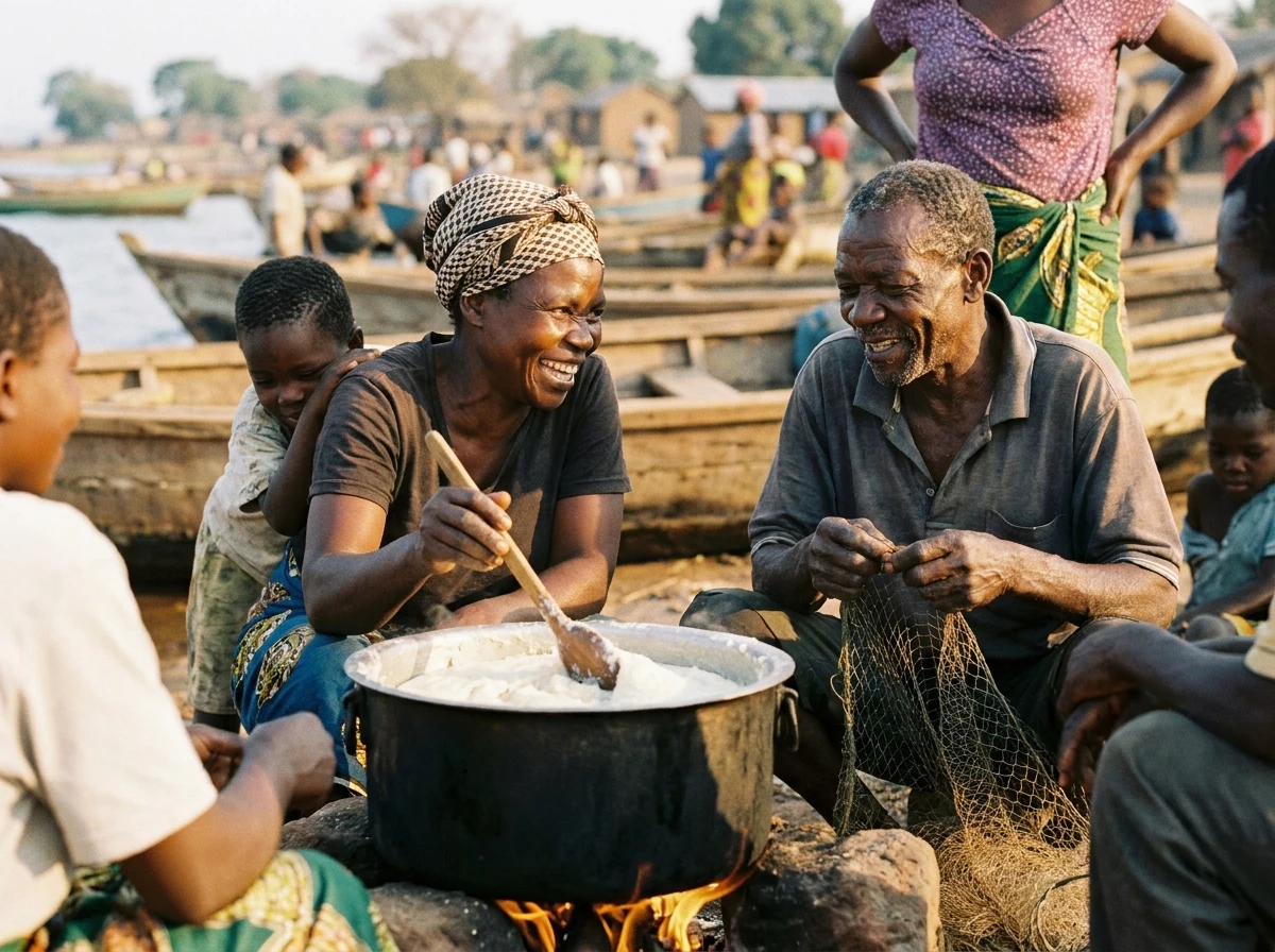 A candid and warm documentary-style photograph of a local Malawian community gathering. A group of people are laughing together around a communal meal being prepared over an open fire. The setting is a rustic village near a lakeshore with wooden fishing boats in the background. The lighting is golden hour sun, highlighting the genuine joy and authentic connection between the people, emphasizing a 'locally grounded hosting' atmosphere.