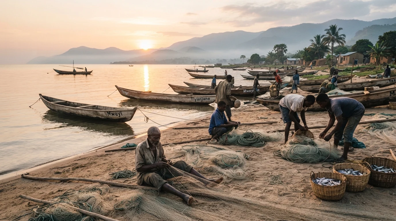 Dignified Malawian working fishing shoreline at sunset