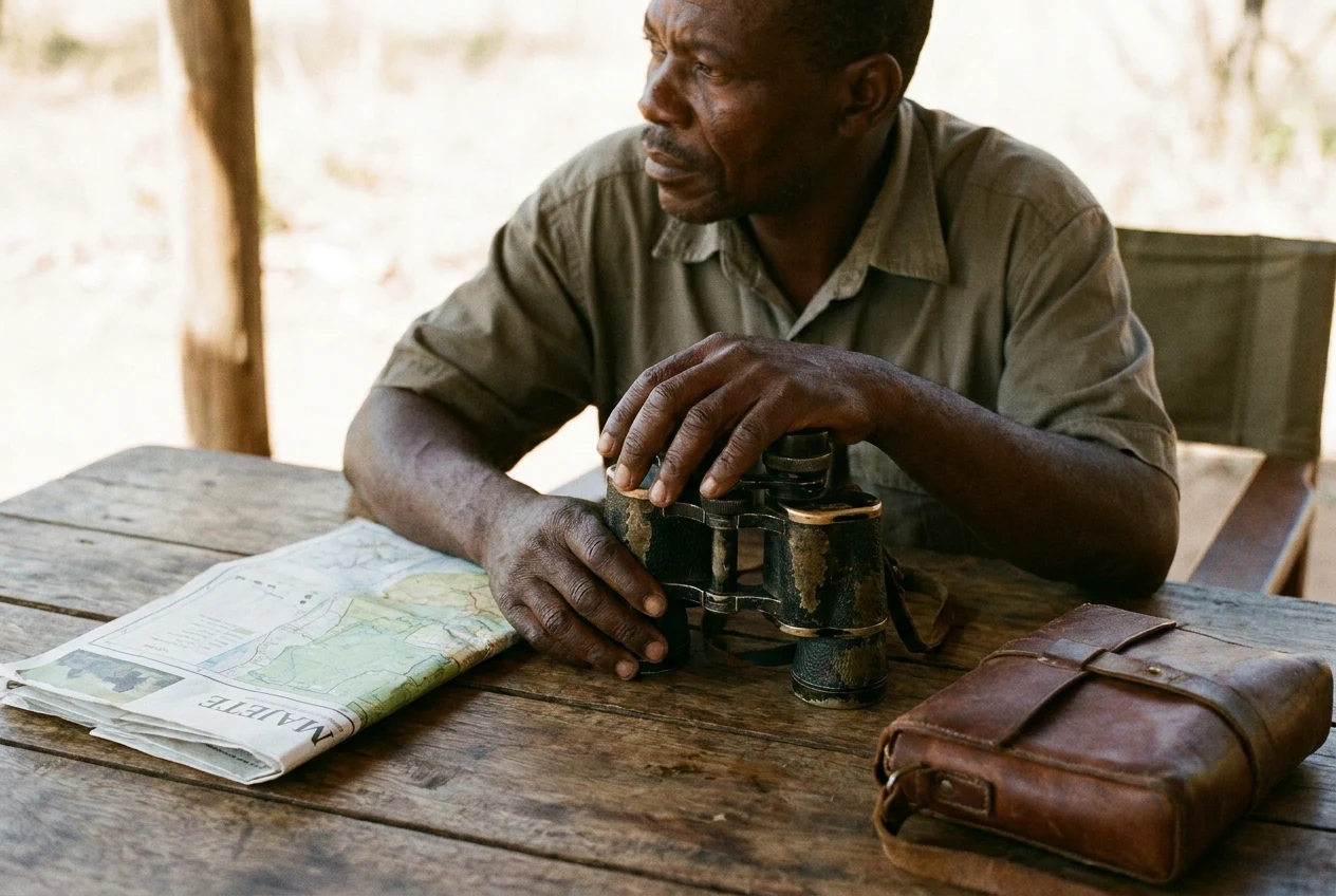High-end editorial portrait of a professional Malawian guide.
