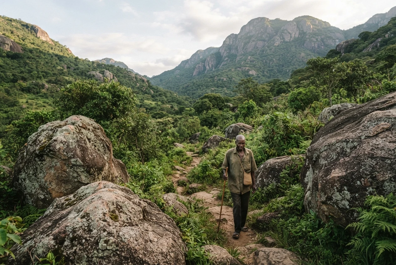 A breathtaking view of Mount Mulanje rising sharply above the surrounding plains. The rugged granite cliffs are illuminated by the setting sun, casting dramatic shadows. The foreground features wisps of clouds moving through a valley, creating a sense of epic scale and natural wonder.