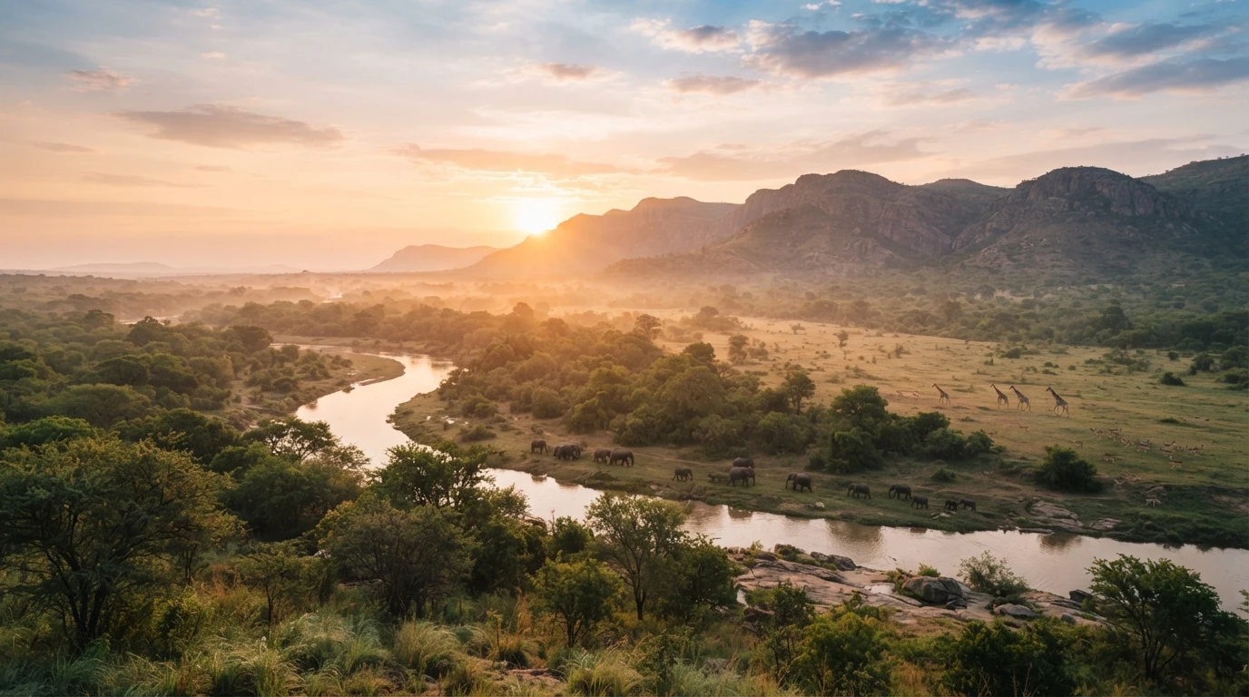A serene, wide landscape of the Shire River in Liwonde National Park at dawn.