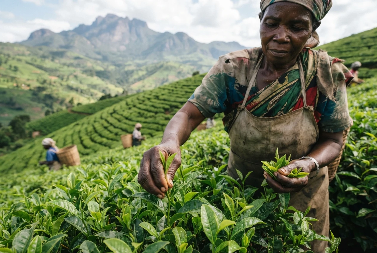 An editorial close-up of vibrant green tea leaves with morning dew in Thyolo, Malawi. In the background, colonial-style estate architecture is partially obscured by soft mountain fog. The aesthetic is one of quiet luxury and agricultural heritage, using a palette of deep greens and soft greys.